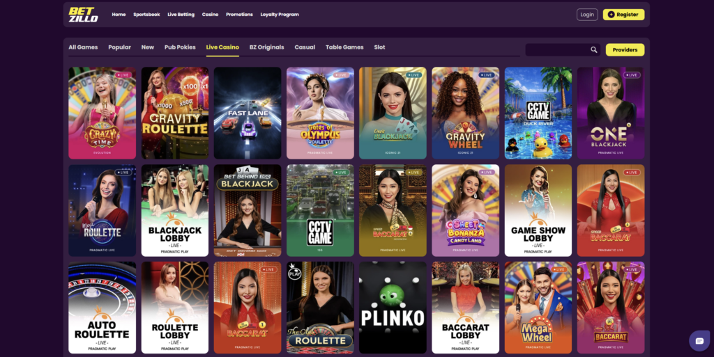 Betzillo live casino section with Crazy Time, Gravity Roulette and Pragmatic Play live dealer tables